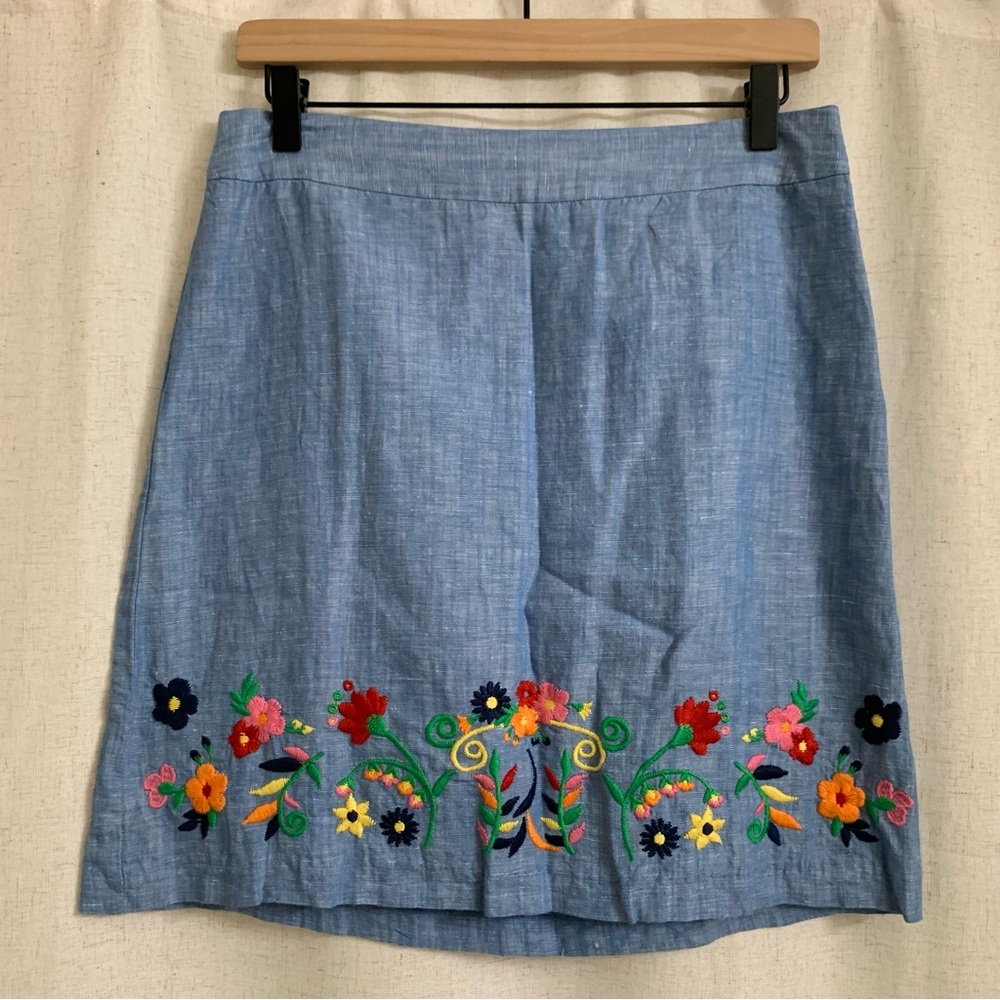 Talbots Embroidered A-Line Colorful Floral Linen Cotton Chambray 4 Spring Skirt - Picture 2 of 7